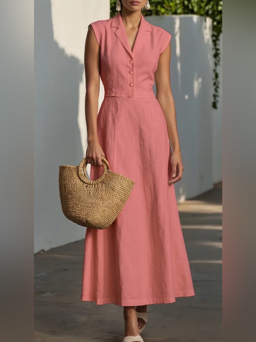Maxi Cotton Dress , Cap Sleeves, Shawl Collar, Plain, Button Design, Vintage